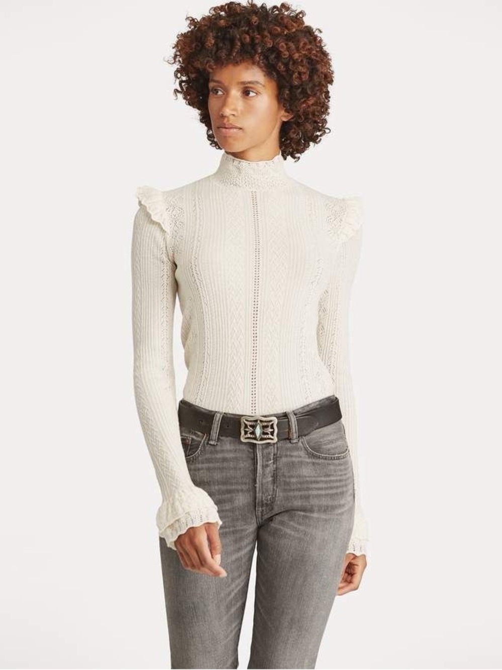 Polo Ralph Lauren 100% Wool Pointelle Ruffle Sweater Ivory Women Size L